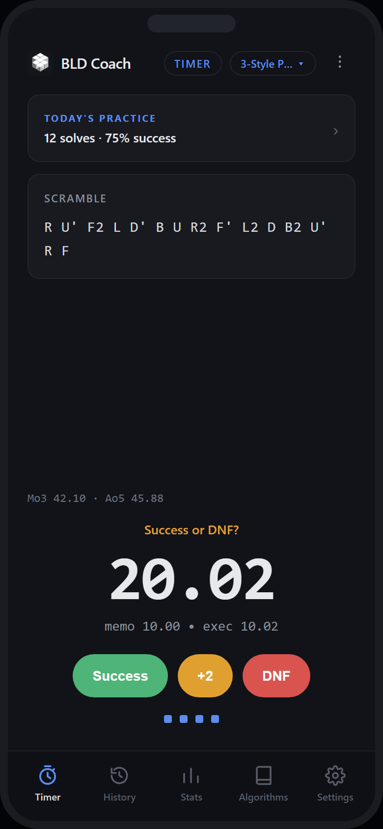 BLD Coach timer screen after a completed solve, showing a total of 20.02 seconds split into 10.01 seconds of memorisation and 10.01 seconds of execution, with Success, plus-two and DNF buttons